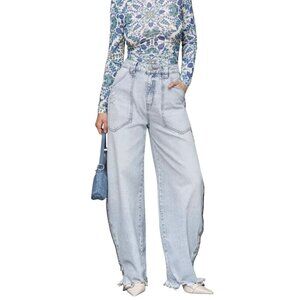 NWT Avec Les Filles Chain-Trim Barrel Leg Jeans Cruiser Wash Blue 27 MSRP $139